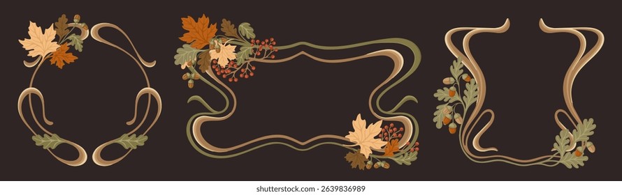 Autumn Art Nouveau Frames. Seasonal Vintage elements with fall leaves and acorns. Vector.