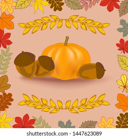 Autumn art pumpkin with nuts background. Collage of autumn leaves and thanksgiving day decorative elements. Cute festive decoration card and poster