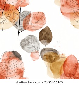 Autumn Artistic Eucalyptus Leaf Watercolor Abstract Scandinavian Design Seamless Elegant Pattern Wallpaper Curtain Bedding Background Upholstery Gift Wrapping Paper Vector