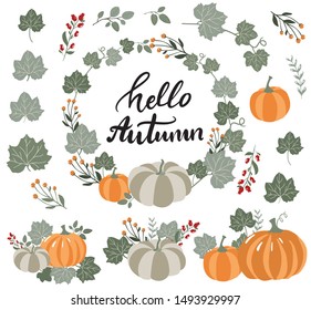 Autumn atmosphere set of elements,pumpkin, leaves, branches, wreath in modern hand drawn vector style.Hello letteringl lettering and illustration collection for fall cards, banners, flyers