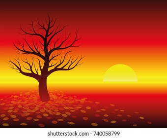 Autumn atmosphere - sunset in glowing red landscape with leafless tree. Isolated vector illustration on warm red gradient background.