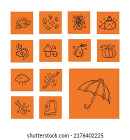 Autumn attributes doodle clip art. Cute and cozy hand drawn contour elements on orange background. Sketch autumnal icons concept