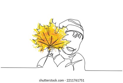 Autumn Baby Portrait In Fall Yellow Leaves, Little Child In Woolen Hat, Beautiful Kid. Line art fall leaves. Autumn background isolated.October november fall mood. Autumnal art. Mental health wellness