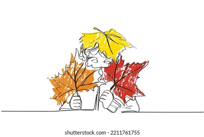 Autumn Baby Portrait In Fall Yellow Leaves, Little Child In Woolen Hat, Beautiful Kid. Line art fall leaves. Autumn background isolated.October november fall mood. Autumnal art. Mental health wellness