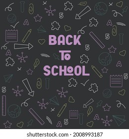 Autumn. Back to school black background with ruler, pencil, puzzle, notebook, globe, science, letter, number