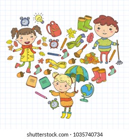 Autumn. Back to school. Education. Little children. Boys and girls. Kindergarten and school. Kids going to have fun and study. Play and grow together with books and teachers. Imagination.