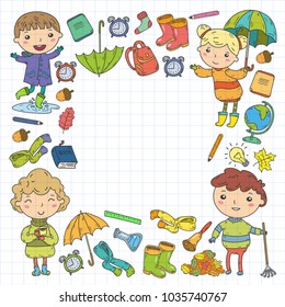 Autumn. Back to school. Education. Little children. Boys and girls. Kindergarten and school. Kids going to have fun and study. Play and grow together with books and teachers. Imagination.
