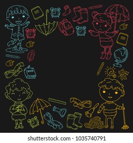 Autumn. Back to school. Education. Little children. Boys and girls. Kindergarten and school. Kids going to have fun and study. Play and grow together with books and teachers. Imagination.