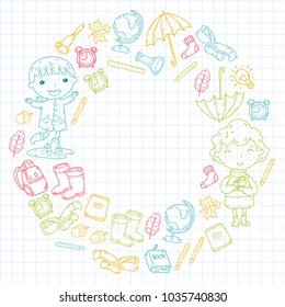 Autumn. Back to school. Education. Little children. Boys and girls. Kindergarten and school. Kids going to have fun and study. Play and grow together with books and teachers. Imagination.