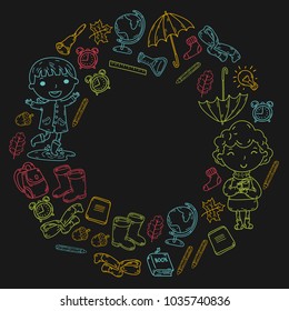 Autumn. Back to school. Education. Little children. Boys and girls. Kindergarten and school. Kids going to have fun and study. Play and grow together with books and teachers. Imagination.