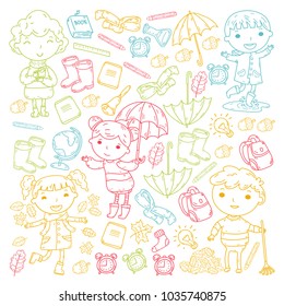 Autumn. Back to school. Education. Little children. Boys and girls. Kindergarten and school. Kids going to have fun and study. Play and grow together with books and teachers. Imagination.