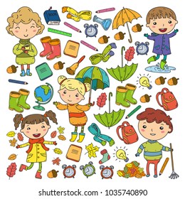 Autumn. Back to school. Education. Little children. Boys and girls. Kindergarten and school. Kids going to have fun and study. Play and grow together with books and teachers. Imagination.