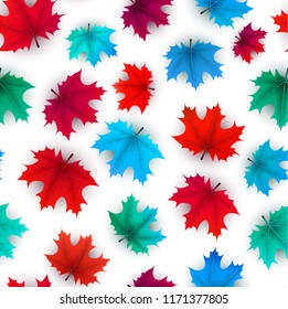 Autumn backdrop with colorful maple leaves. Seamless pattern. Vector background. 
