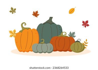 Autumn backdrop with colourful pumpkins and leaves. Thanksgiving concept, harvest concept.