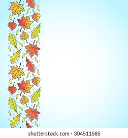 Autumn backdrop with space for text. Vertical seamless border made of leaves, maple seeds and raindrops. Fall background.