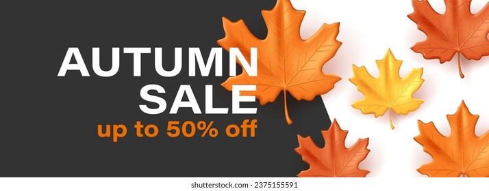 Autumn background with 3d fall maple leaves in orange and yellow colors, sale promo banner with discount, template