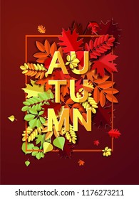 Autumn background, 3d paper frame, paper colorful leaves of a tree, brown background. Autumn holiday design for autumn season invitation festival, greeting card, style paper cut, vector illustration