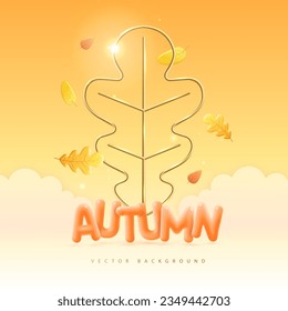 Autumn background with 3D plastic letters and golden metallic oak Leaf.  Vector illustration