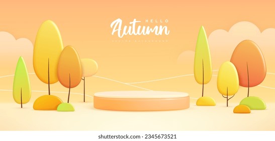 Herbsthintergrund mit 3D-Plastik-Bühne und Landschaft mit Bäumen und Wolken. Vektorgrafik