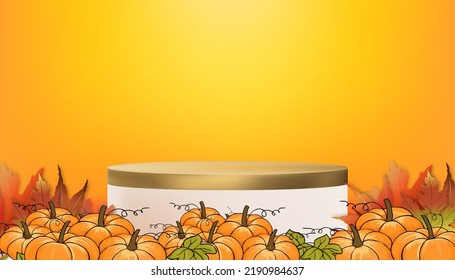 Herbsthintergrund 3D Podium-Display-Zylinder Stand mit Kürbis- und Ahornblättern auf orangefarbener Wand, Vektorgrafik Abstrakt minimales Design für die Hintergrundaufnahmen für die Präsentation von Halloween- oder Herbstprodukten 