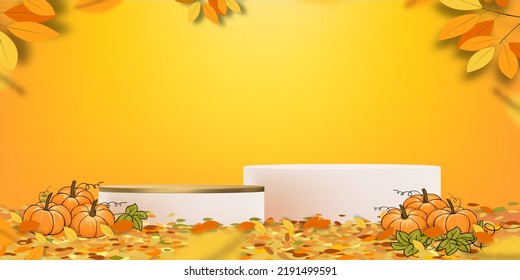 Autumn background 3D Podium display cylinder Stand with Pumpkin and Maple Leaves on orange wall,Vector Abstract minimal design for backdrop shooting for Halloween or Fall products presentation 