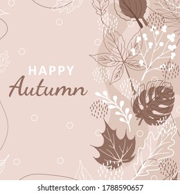 Autumn background with abstract elements, geometric shapes, plants and leaves in one line style. For mobile app page, web design, invitations, postcards. Vector minimalistic illustration.