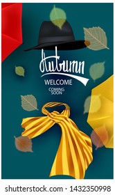 Autumn background with autumn accessoires and falling transparent leaves. Vector illustration