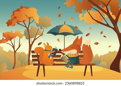 Autumn background animals read books in a cartoon style. Cute animals are reading books in a cozy autumn forest. Vector illustration.