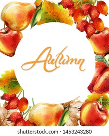Autumn background with Apple, pear and peach Vector watercolor. Colorful card fruits detailed painted style