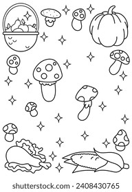 Autumn background, apples, pumpkins, mushrooms, corn. Autumn harvest. Background, coloring page. Black and white vector illustration.