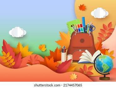 Autumn background. Back to school, education concept. Autumnal leaves and cloud on sky paper cut vector illustration with layered effect. Greeting card in craft style with studying supply