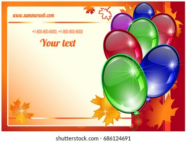 Autumn background with balloons and maple leaves. Invitation for a holiday, birthday, party. A card, a business card, a poster, a ticket for the autumn sale.Autumn. Card for the inscriptions.