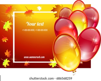 Autumn background with balloons and maple leaves. Invitation for a holiday, birthday, party. A card, a business card, a poster, a ticket for the autumn sale.Autumn. Card for the inscriptions.