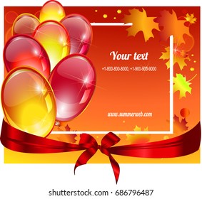 Autumn background with balloons and maple leaves. Invitation for a holiday, birthday, party. A card, a business card, a poster, a ticket for the autumn sale.Autumn. Card for the inscriptions.