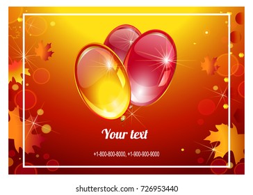Autumn background with balloons and maple leaves. Invitation for a holiday, birthday, party. A card, a business card, a poster, a ticket for the autumn sale.Autumn. Card for the inscriptions.