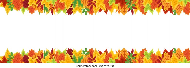 Autumn background. Banner with fall autumn leaves. Frame with leaves on white background. Garland with foliage of maple, rowan and oak. Design template for decoration and sale. Vector.