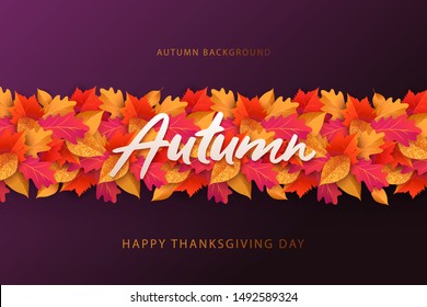 Autumn background, banner, fall poster or flyer design. Thanksgiving Day Vector illustration with bright border made of beautiful autumn leaves. Template for advertising, web, social and fashion ads.