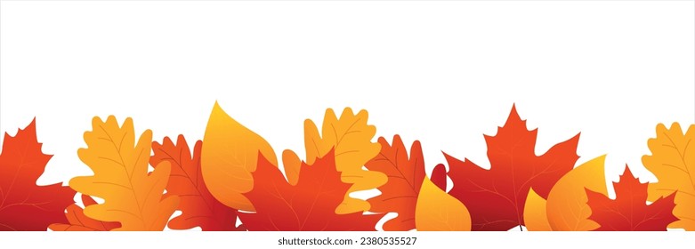Autumn background banner of falling autumn leaves in gold, red and orange colors isolated on white transparent background. Vector illustration "Hello, Autumn!