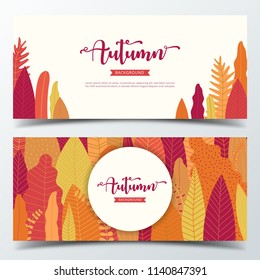 Autumn background banner layout template decorate with autumn leaves and forest background in warm color tone for shopping sale or promotion poster, leaflet and web banner. Vector illustration .