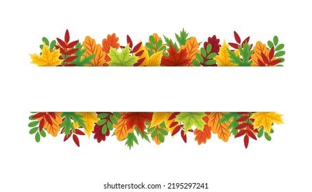 Autumn background. Banner with leaves border. Frame with leaf on white background. Garland with foliage of maple, rowan and oak. Design ornament for decoration, sale and thanksgiving day. Vector.