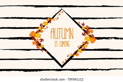 Autumn Background. Banner with maple leaves frame and trendy Autumn brush lettering. Seasonal Fall sale card 

