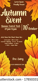 Autumn background banner and poster template for events, festival, party, concert, band and celebration promotion. Autumn season illustration with fall leaves. Vector