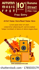 Pancarta de fondo de otoño y plantilla de afiches para eventos, festival, fiesta, concierto, banda y promoción de celebraciones. Ilustración de la temporada de otoño con hojas de otoño. Vector