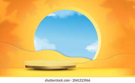 Autumn Background Banner Studio Room With Maples Leaves Shadow On Wall.Gallery Room With Podium Cylinder In Orange And Yellow Colour,Vector Minimal Design Backdrop For Promotion Or Sale In Fall Season