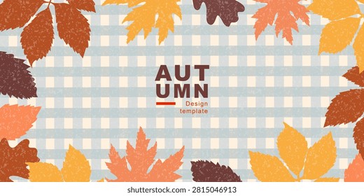 Autumn background banner with textured fall leaves on a blue gingham plaid pattern. Horizontal vector template for Thanksgiving header, autumn sale banner, or seasonal poster.