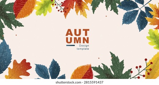 Autumn background banner with textured fall leaves and berries. Horizontal vector template with retro textured foliage border and copyspace. Perfect for Thanksgiving web header or sale poster.