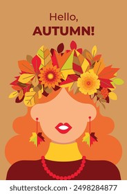 Autumn background with a beautiful girl wearing a wreath of leaves and flowers, earrings and a necklace. Creative poster with a fashionable beauty with jewelry and an autumnal floral wreath. 