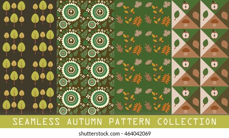 autumn background, beautiful seamless vector autumn patterns collection with leaves, flora and fauna, autumn