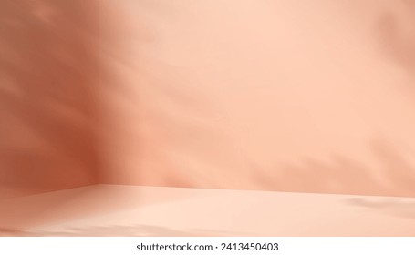 Autumn Background Beige Studio and Podium with shadow leaves on cement floor,Backdrop Background 3D Display Room with Stand Podium Concept for product presentation,Sale,Online in Winter,Fall Season