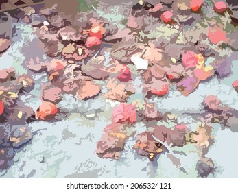 Fondo otoñal con bayas para textiles o impresiones. Fondo abstracto con bayas trituradas y hojas para composiciones creativas, fondos y texturas, papel tapiz, productos de tela, cubiertas, etc.